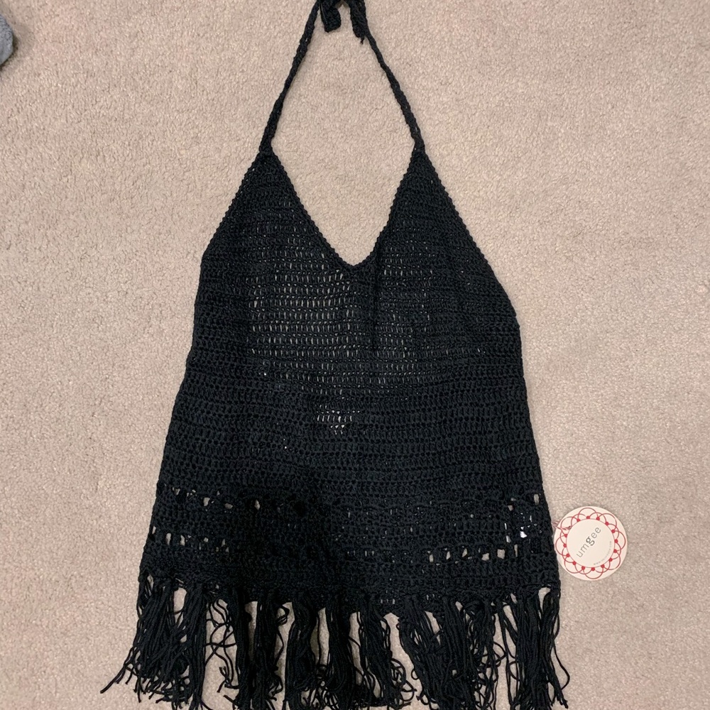 Black knit fringe halter top size Medium, cute for festivals